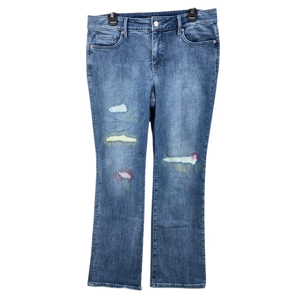 NYDJ Marilyn Straight Jeans Womens 10 Blue Embroidered Cool Embrace Boho Artsy